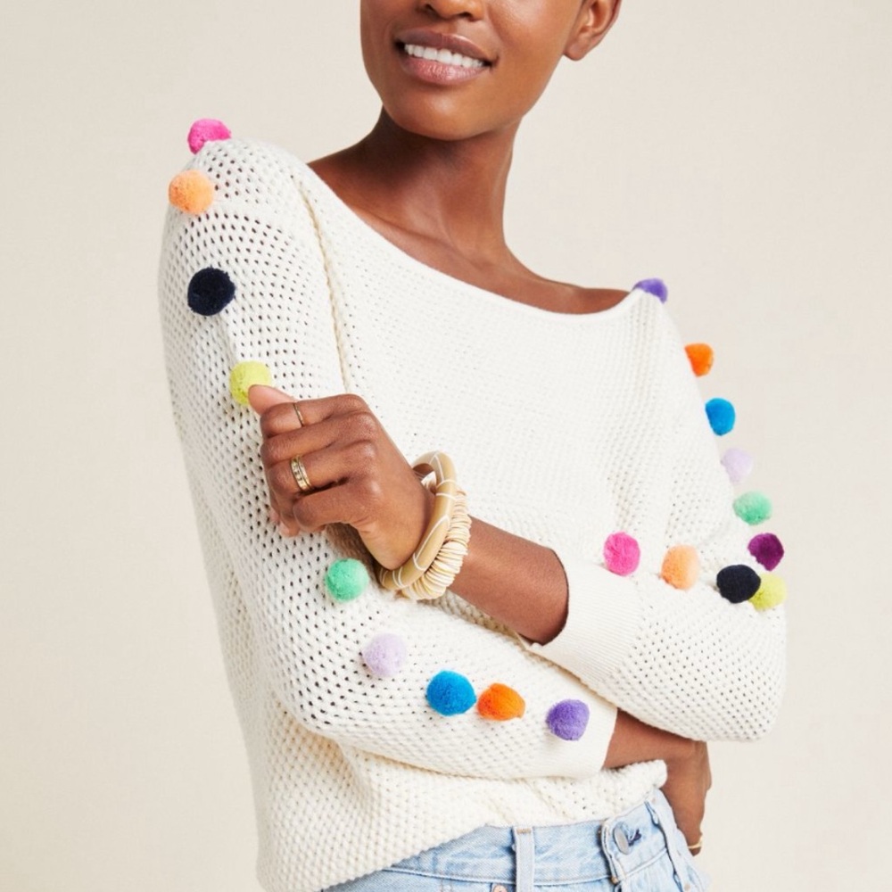 NWT Anthropologie Emilia Pommed Pullover Pom Pom Ivory White Size M Medium